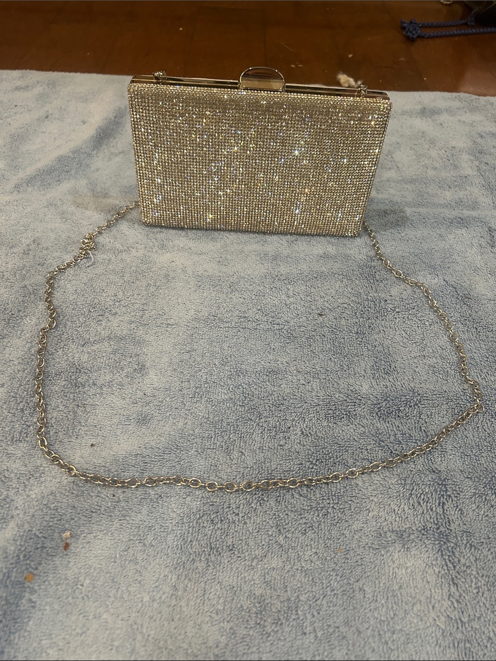 David's Bridal Gold Rhinestone Box Clutch with Chain Strap (NWOT)